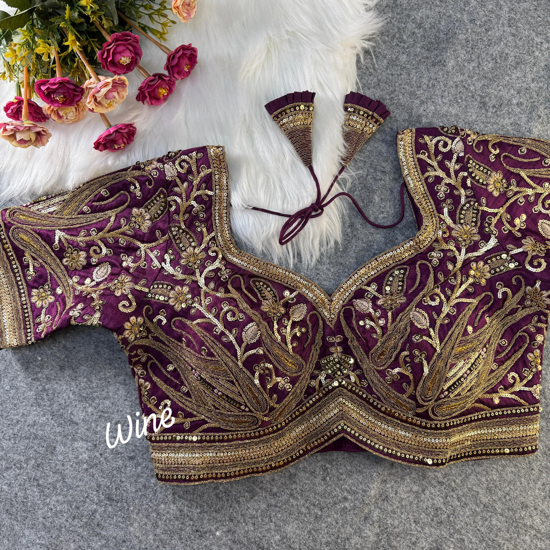 Purple Bridal Silk Blouse with Golden Codding Embroidery