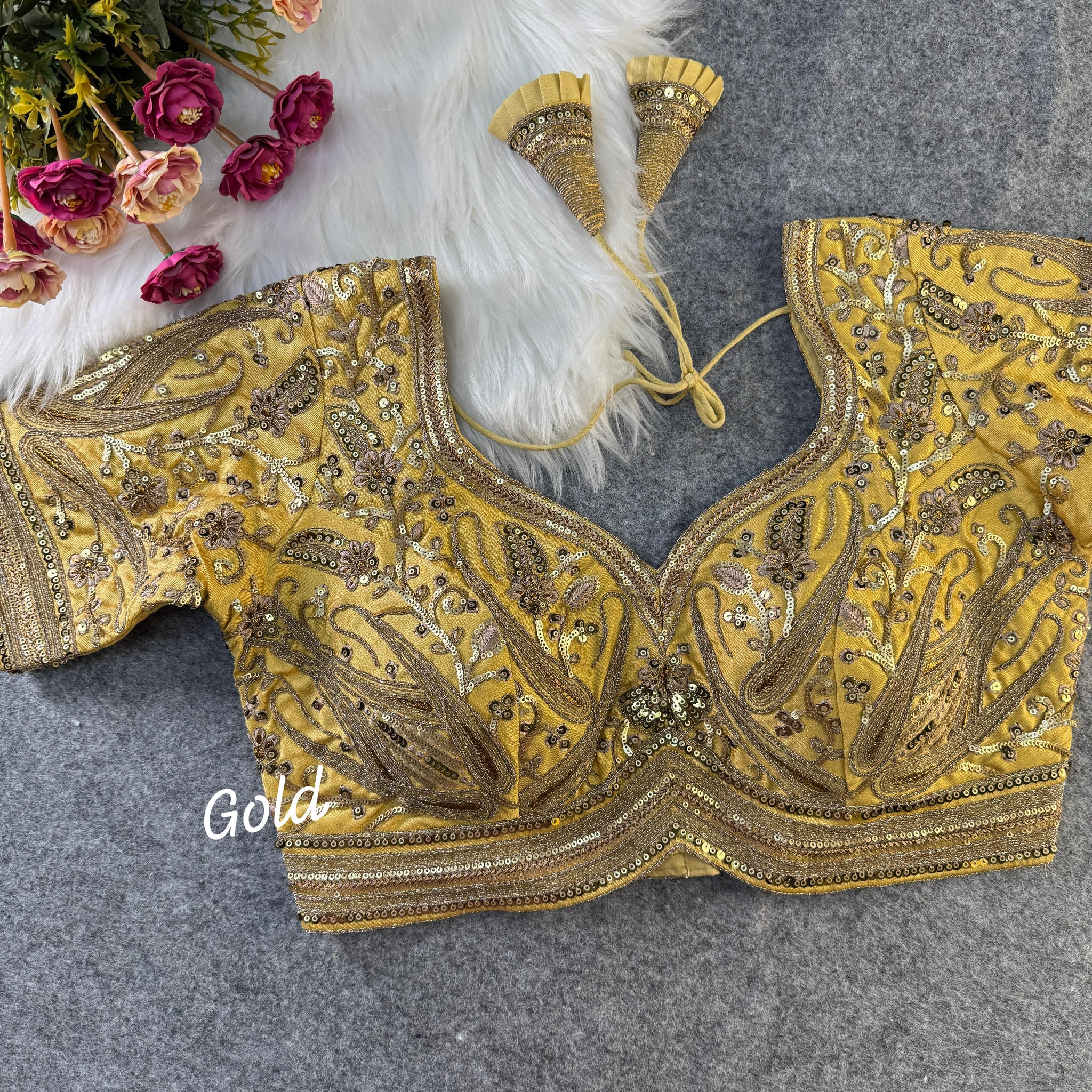 Gold Silk Bridal Blouse with Golden Embroidery & Handmade Padded Fit