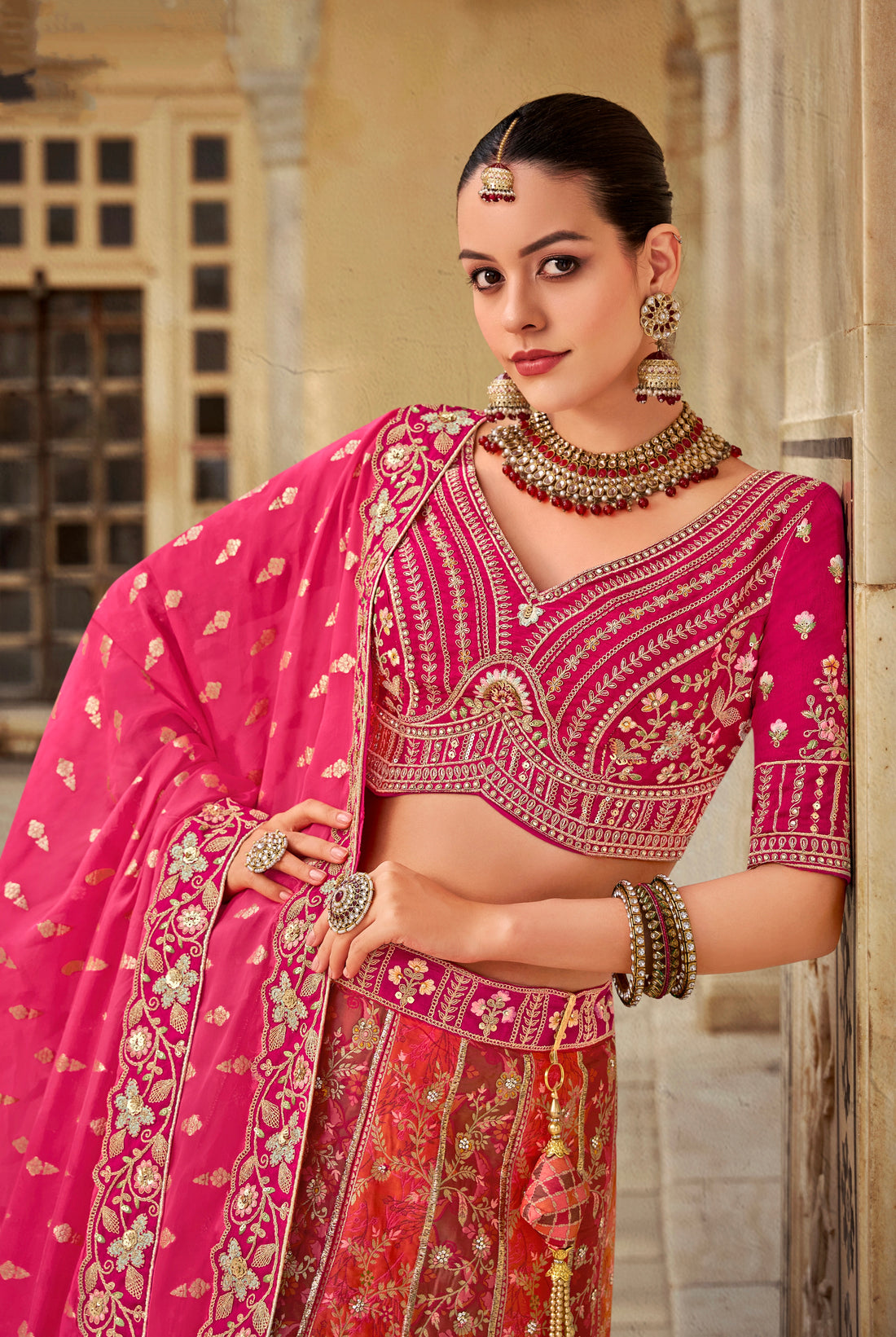 Pink Banarasi Silk Lehenga with Zarkan Embroidery