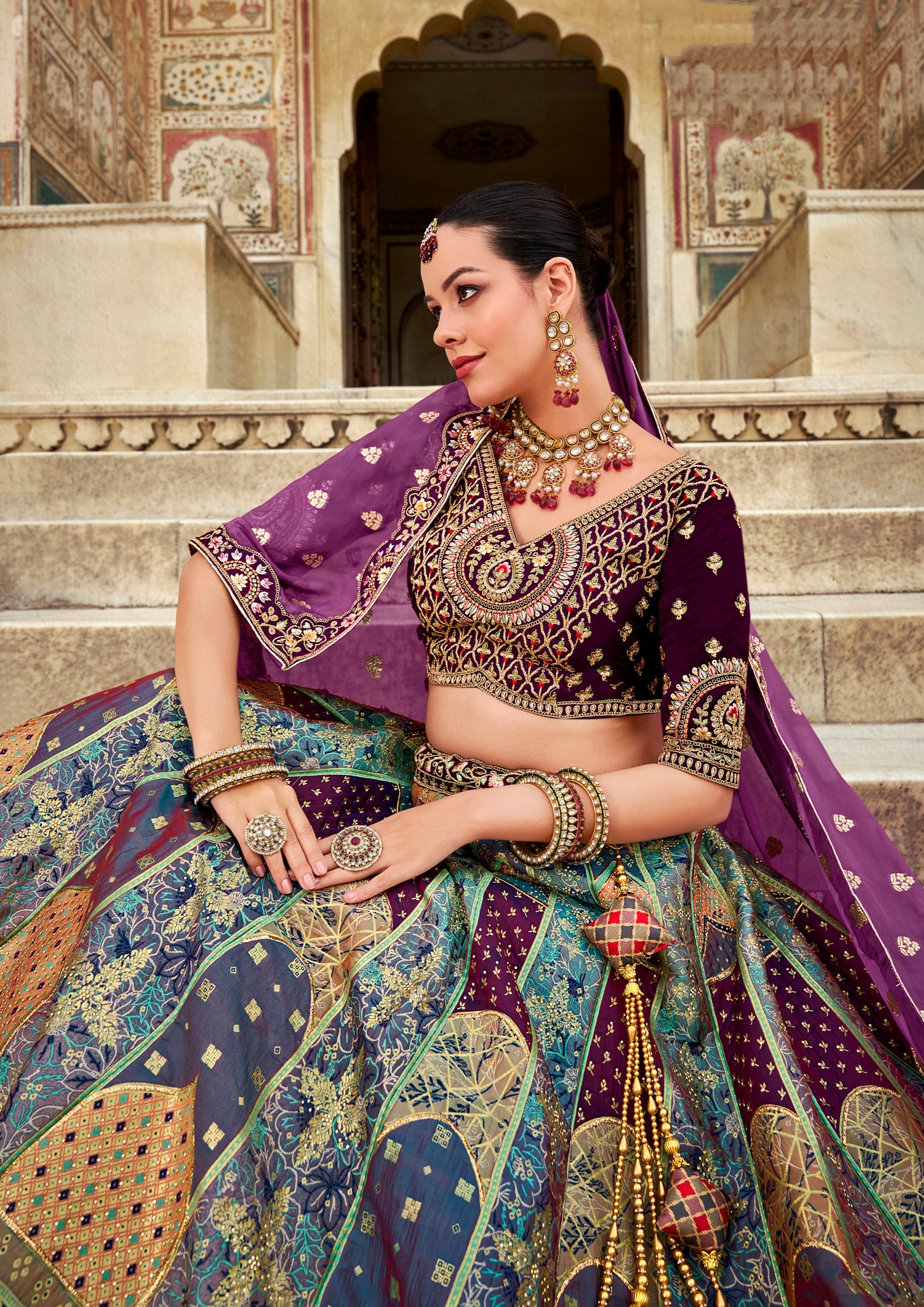 Purple Banarasi Silk Lehenga with Zarkan Embellishments