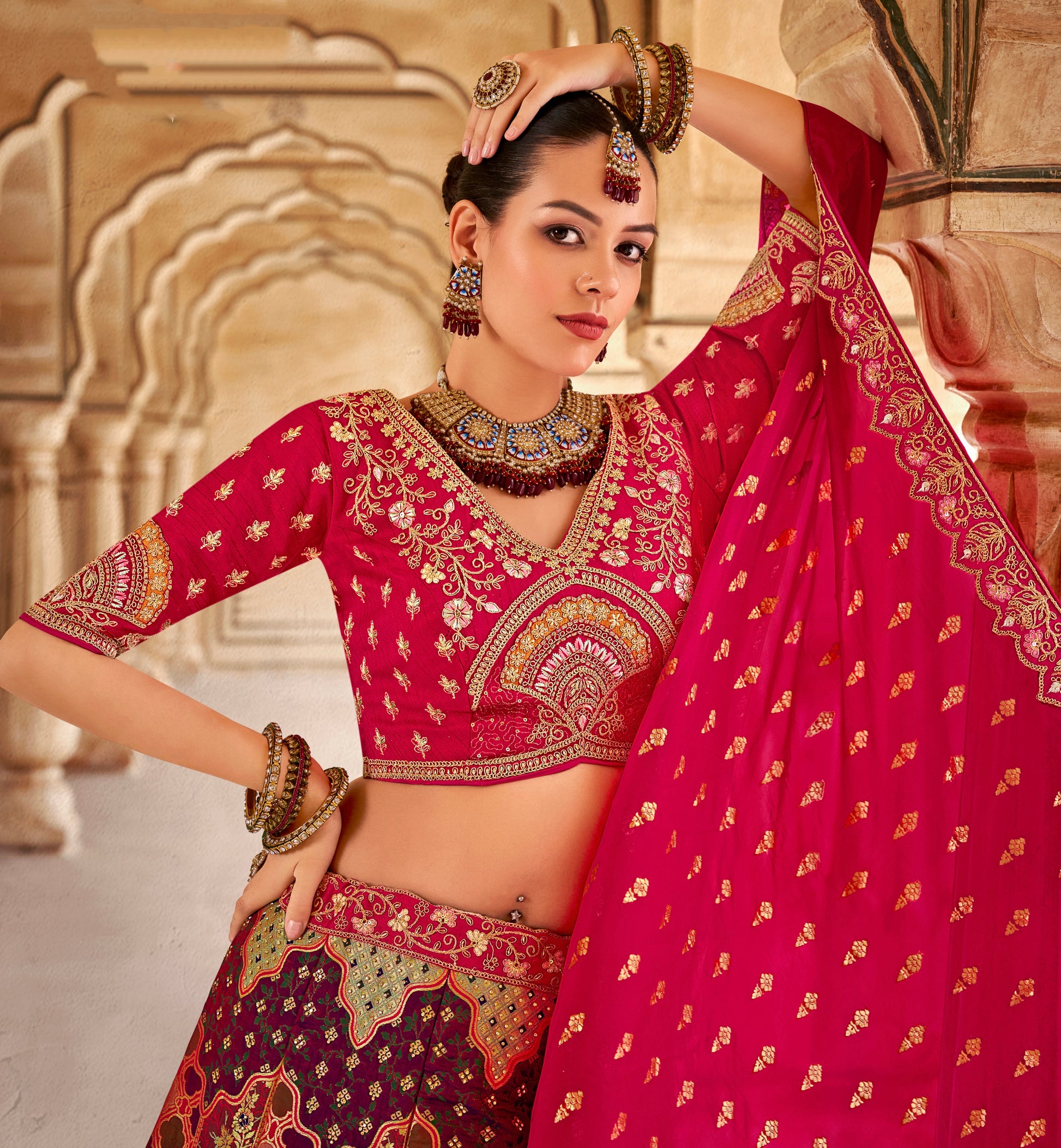 Multicolor Banarasi Silk Lehenga with Zarkan Sequins Work