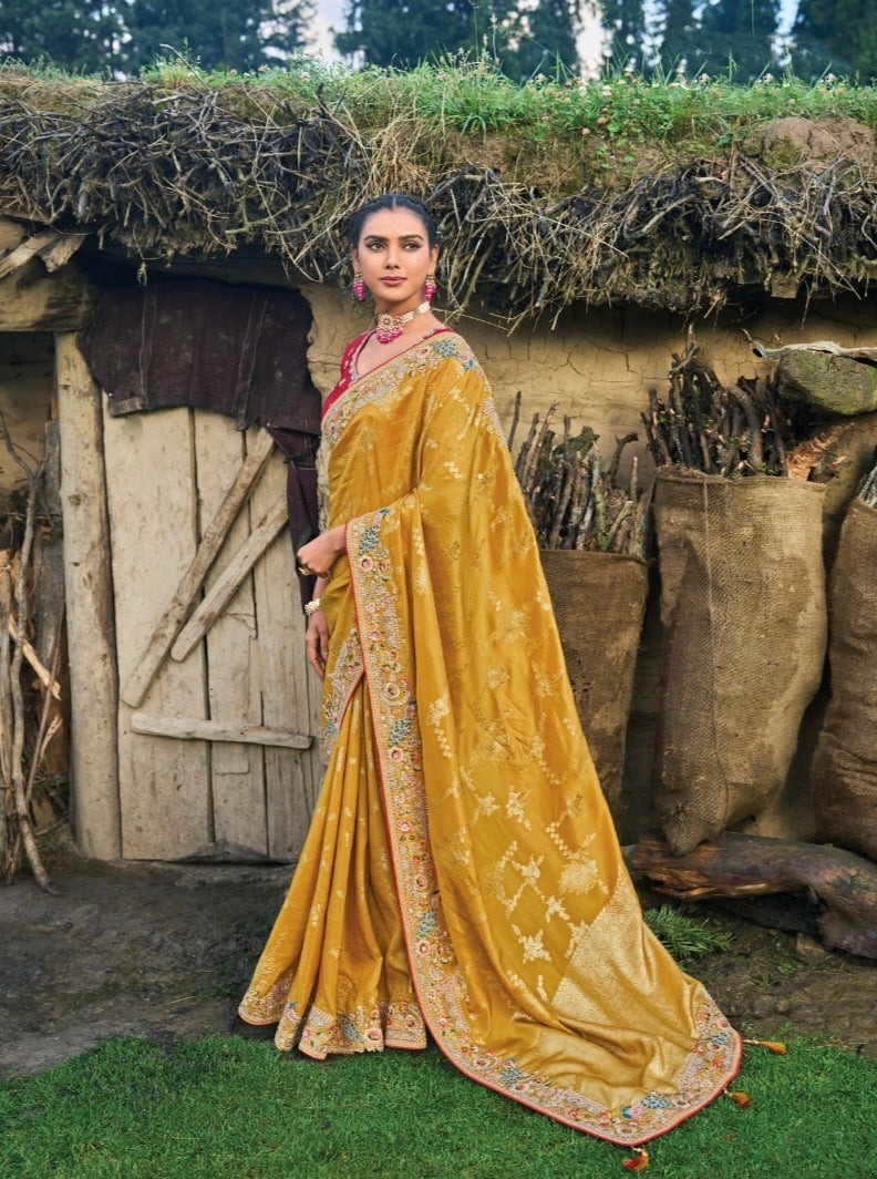 Golden Yellow Dola Silk Saree with Exquisite Khatli Embroidery