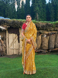 Golden Yellow Dola Silk Saree with Exquisite Khatli Embroidery