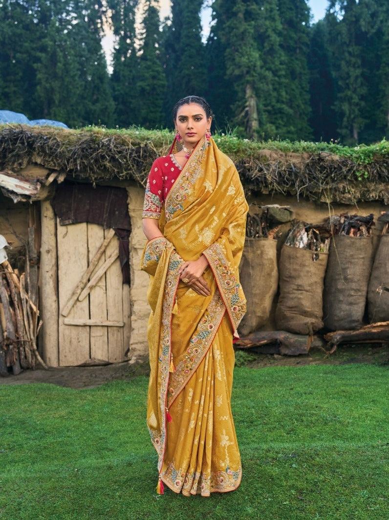 Golden Yellow Dola Silk Saree with Exquisite Khatli Embroidery