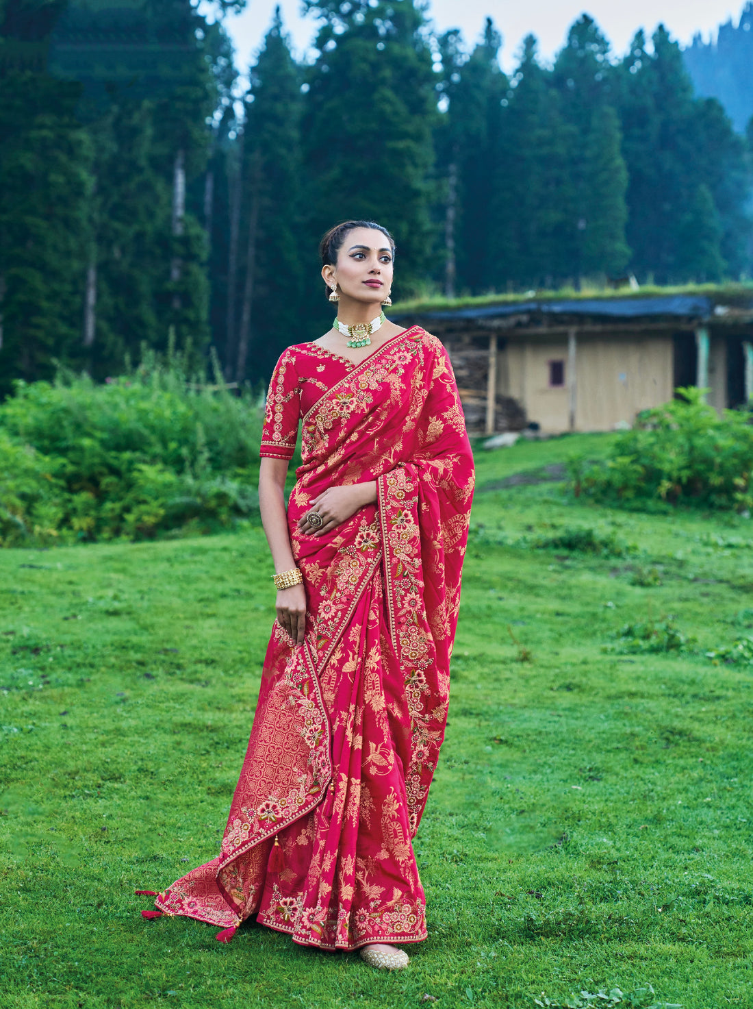 Red Dola Silk Saree with Intricate Khatli Embroidery