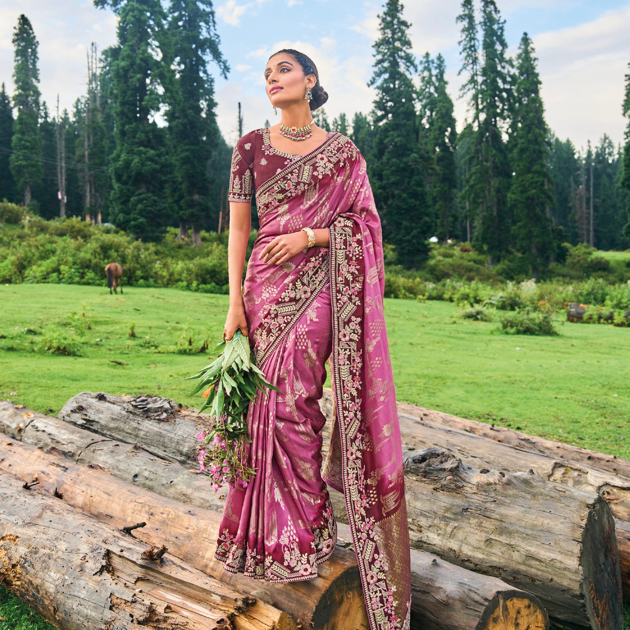 Rose Pink Dola Silk Saree with Intricate Khatli Embroidery