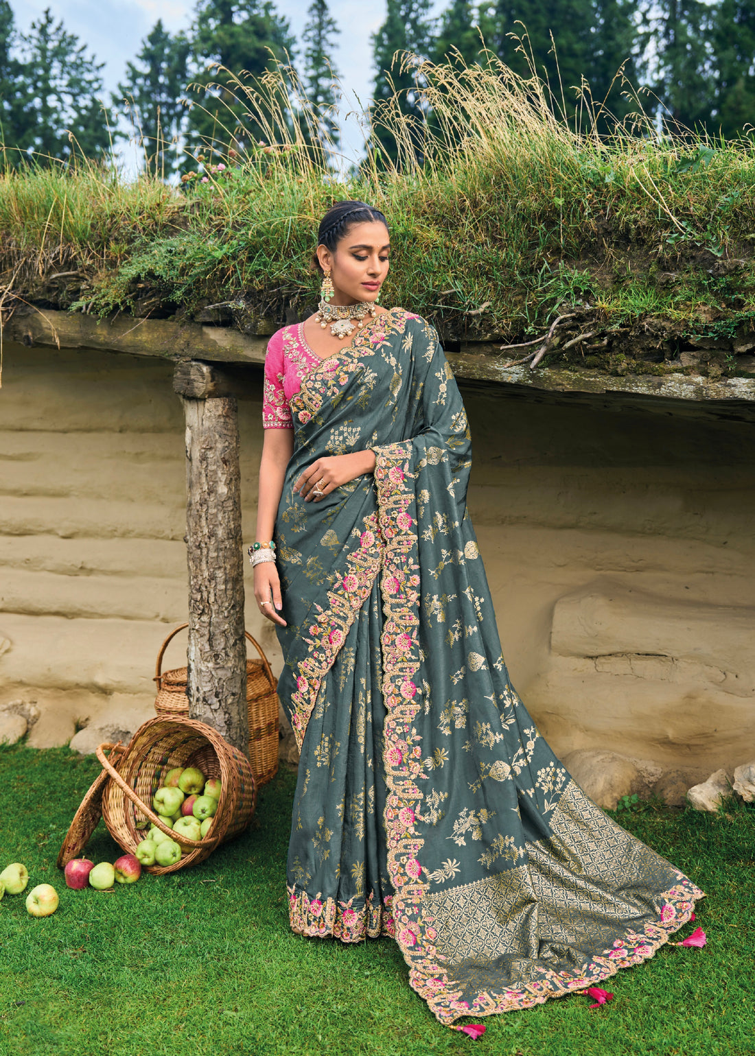 Grey Dola Silk Saree with Intricate Khatli Embroidery