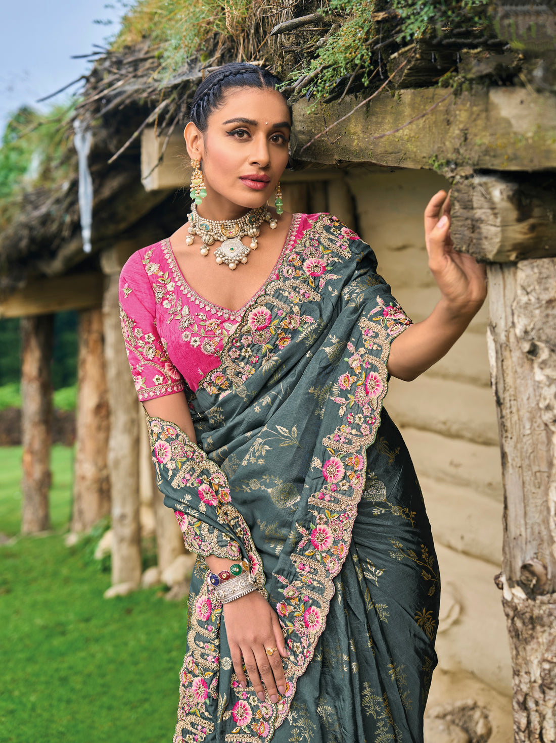 Grey Dola Silk Saree with Intricate Khatli Embroidery