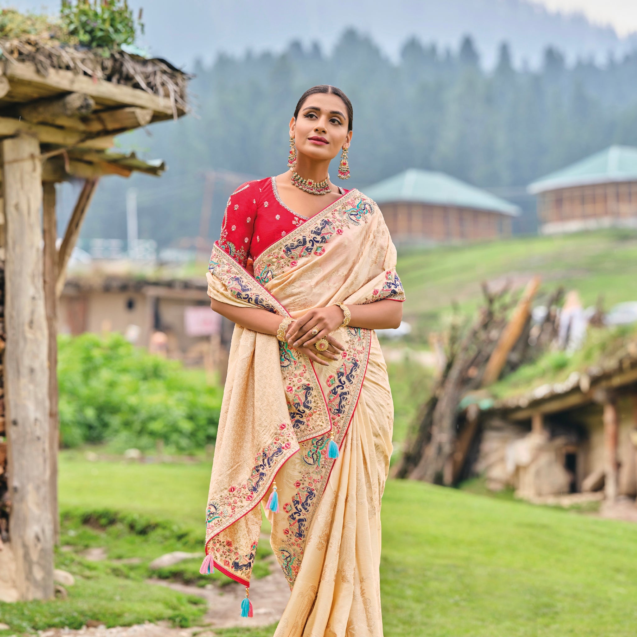 Beige Dola Silk Saree with Intricate Khatli Embroidery