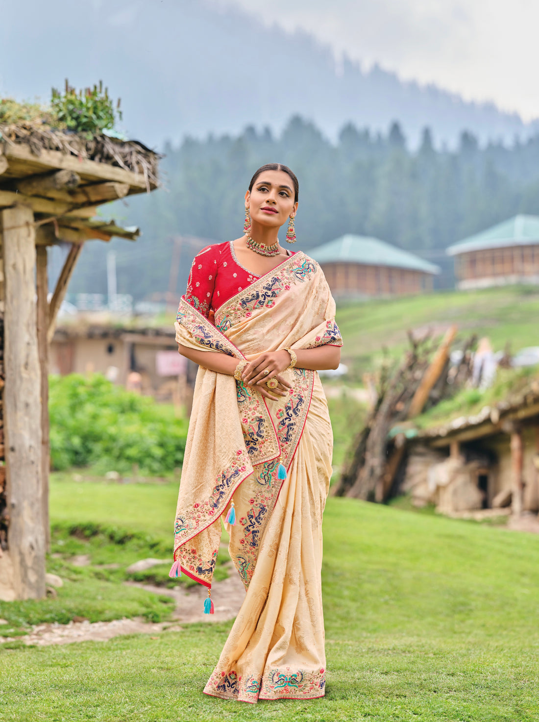 Beige Dola Silk Saree with Intricate Khatli Embroidery