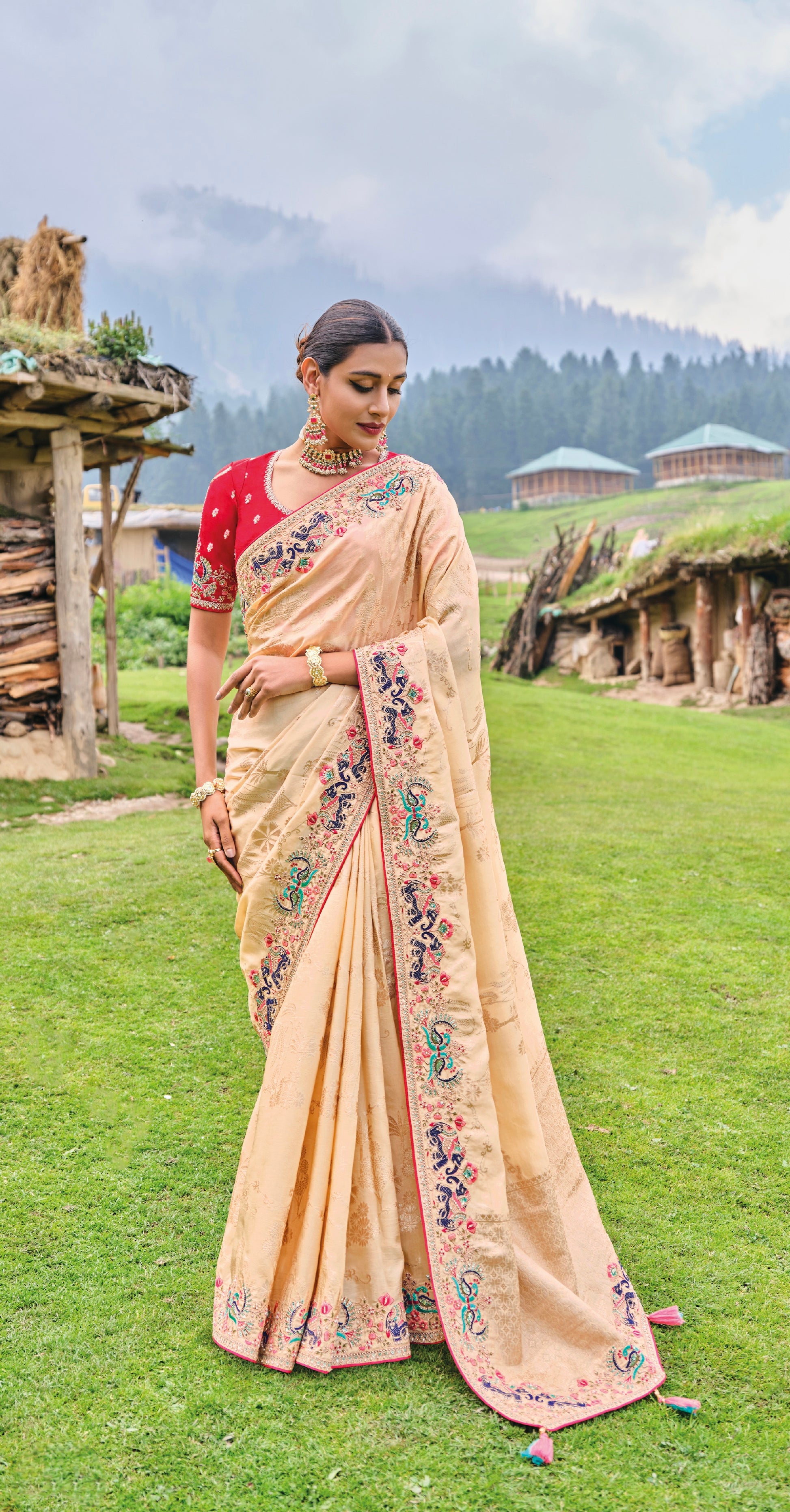 Beige Dola Silk Saree with Intricate Khatli Embroidery