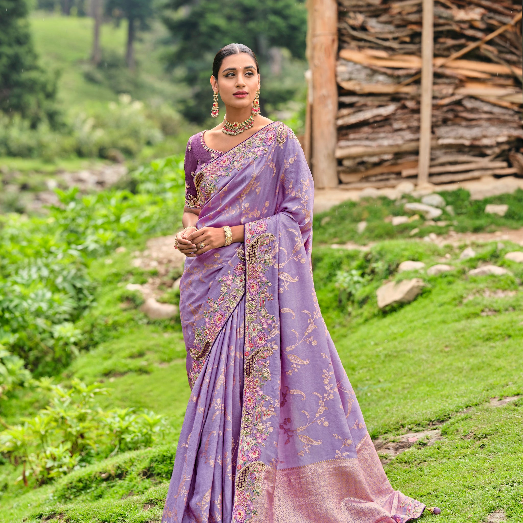 Lavender Dola Silk Saree with Intricate Khatli Embroidery