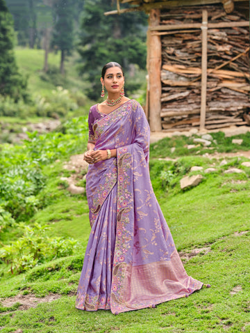 Lavender Dola Silk Saree with Intricate Khatli Embroidery