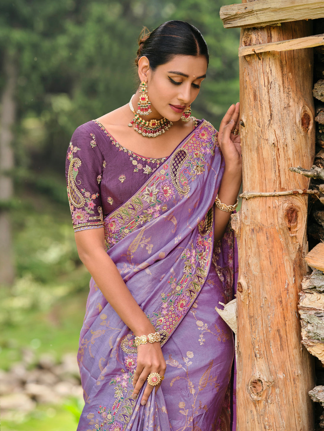 Lavender Dola Silk Saree with Intricate Khatli Embroidery