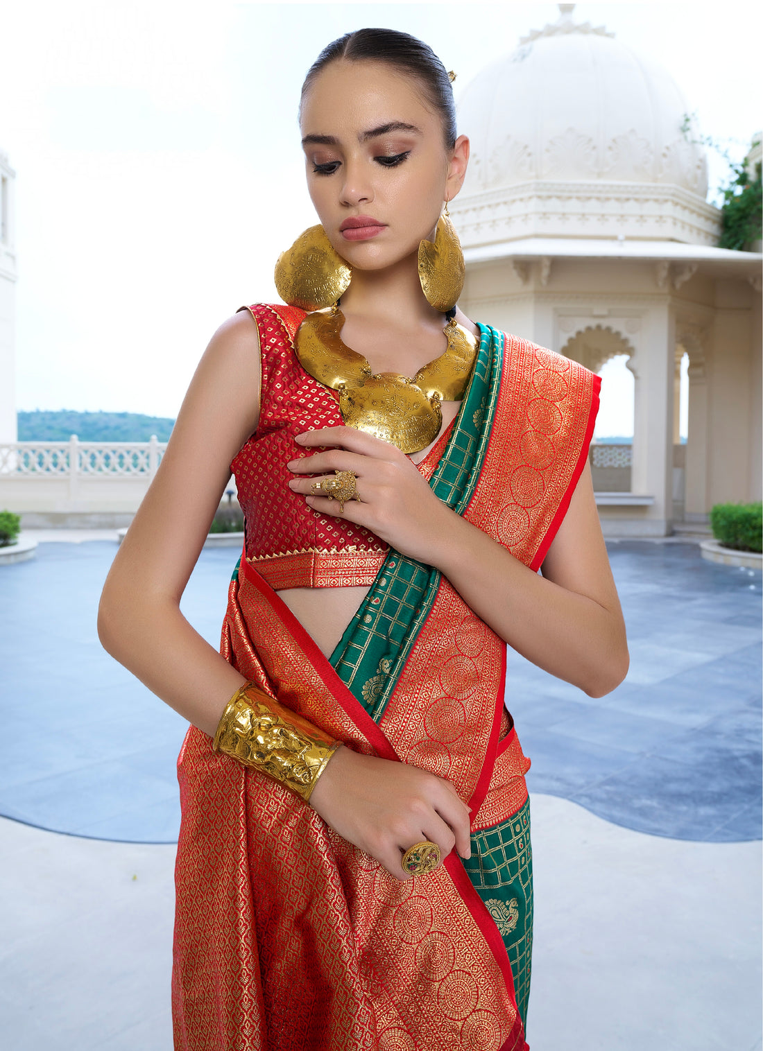 Green and Orange Banarasi Silk Saree with Kanchipuram Weaving