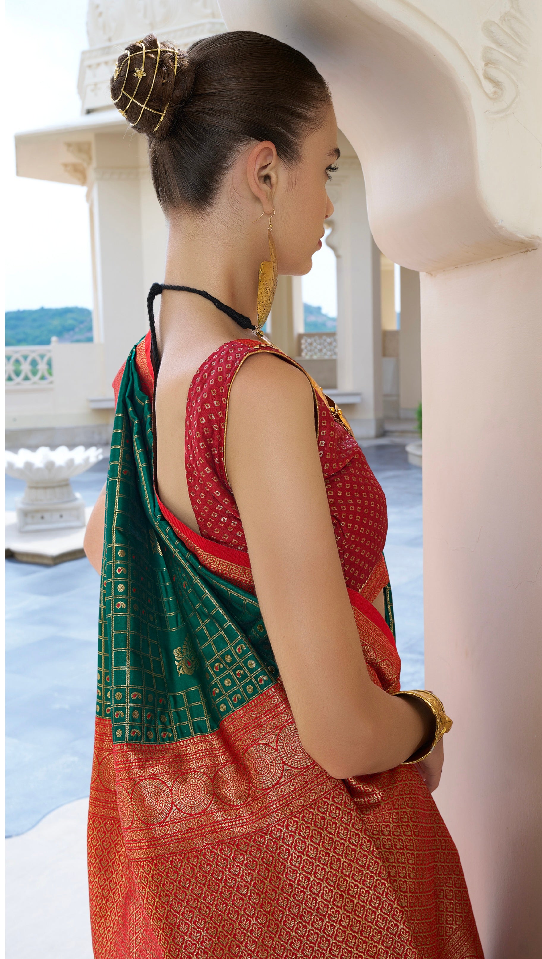 Green and Orange Banarasi Silk Saree with Kanchipuram Weaving