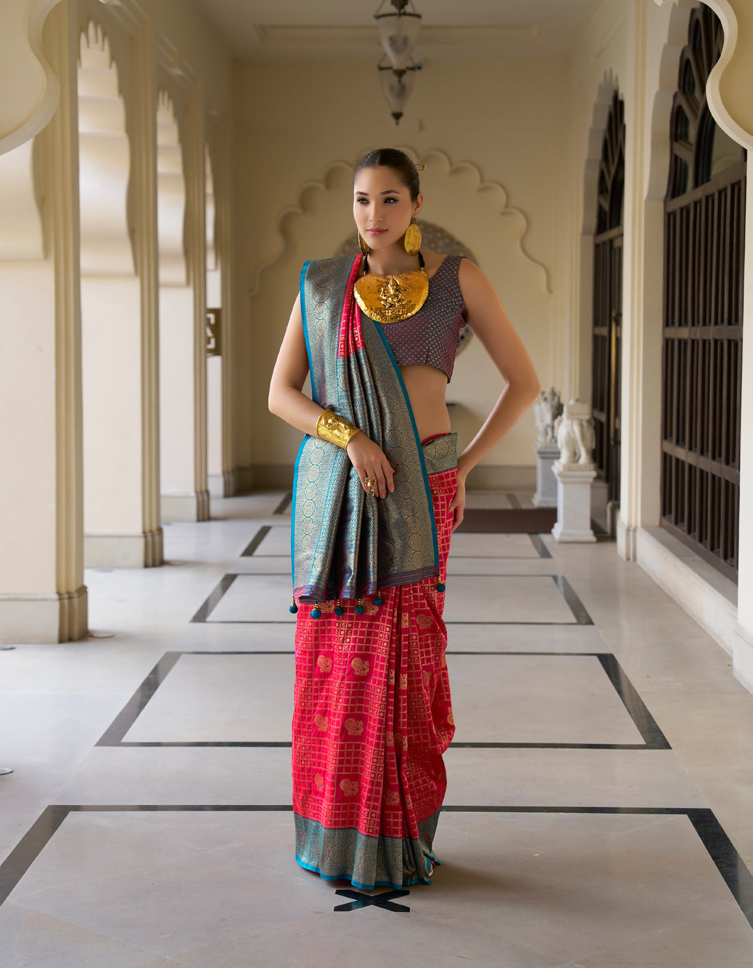 Pink and Blue Banarasi Silk Saree with Kanchipuram Weaving Design