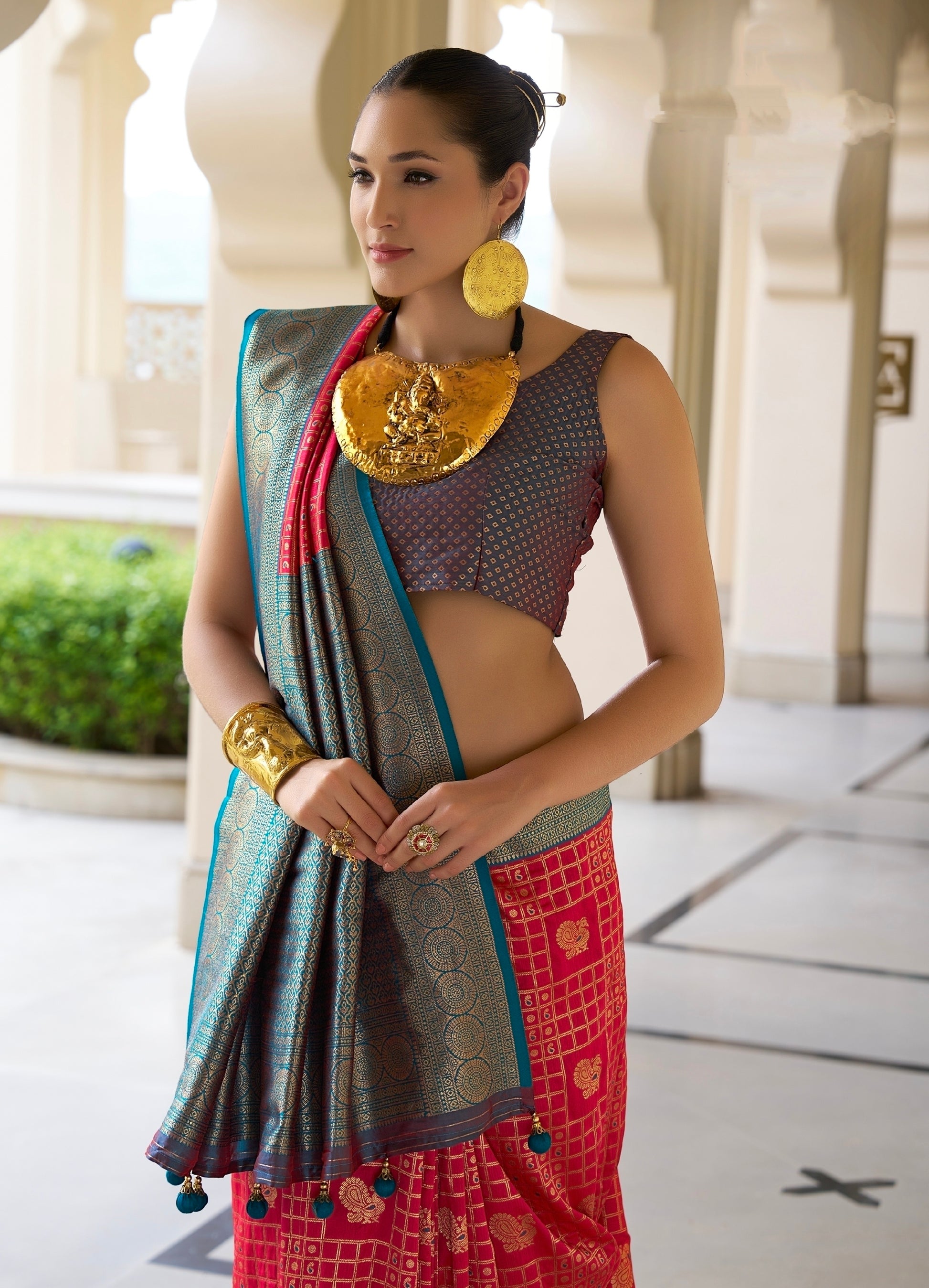 Pink and Blue Banarasi Silk Saree with Kanchipuram Weaving Design