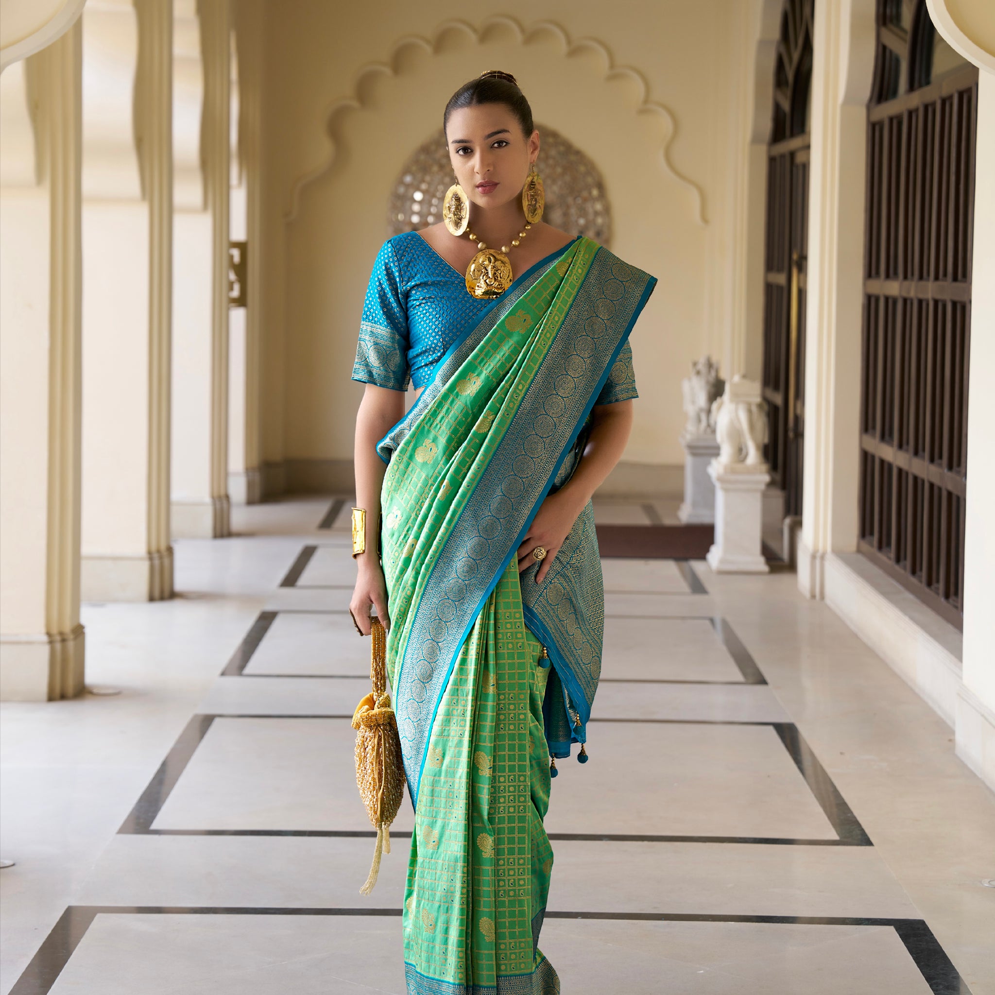 Aqua Green Banarasi Silk Saree with Kanchipuram Weaving