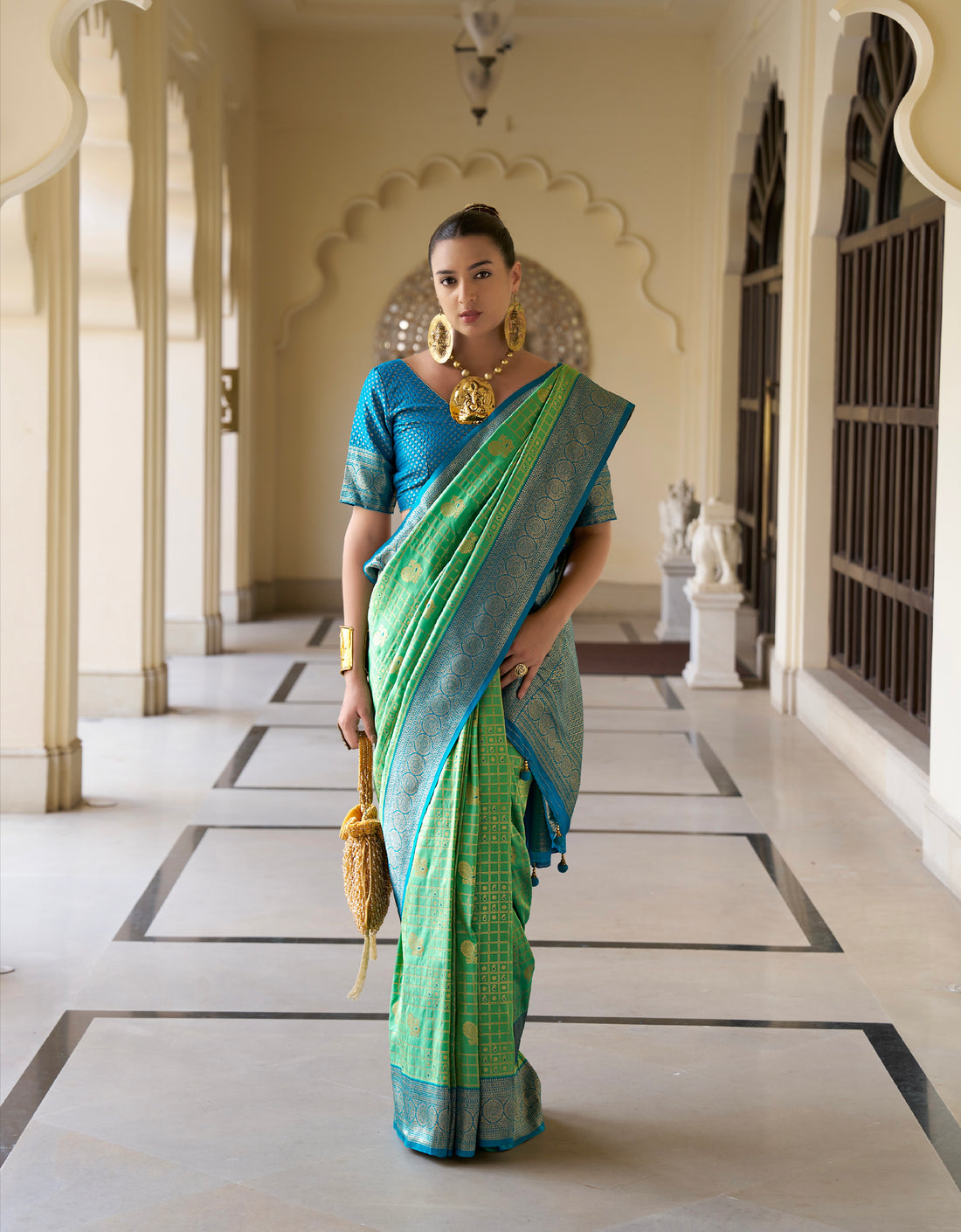 Aqua Green Banarasi Silk Saree with Kanchipuram Weaving