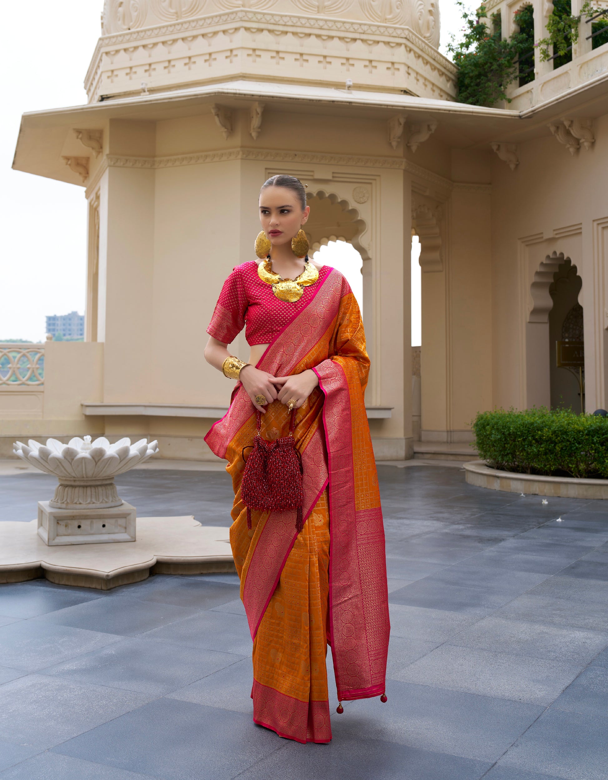 Pink and Yellow Banarasi Silk Saree with Kanchipuram Design