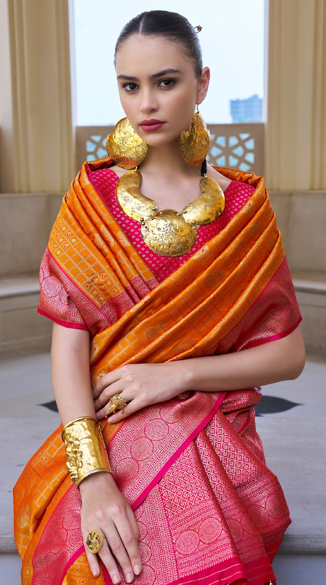 Pink and Yellow Banarasi Silk Saree with Kanchipuram Design