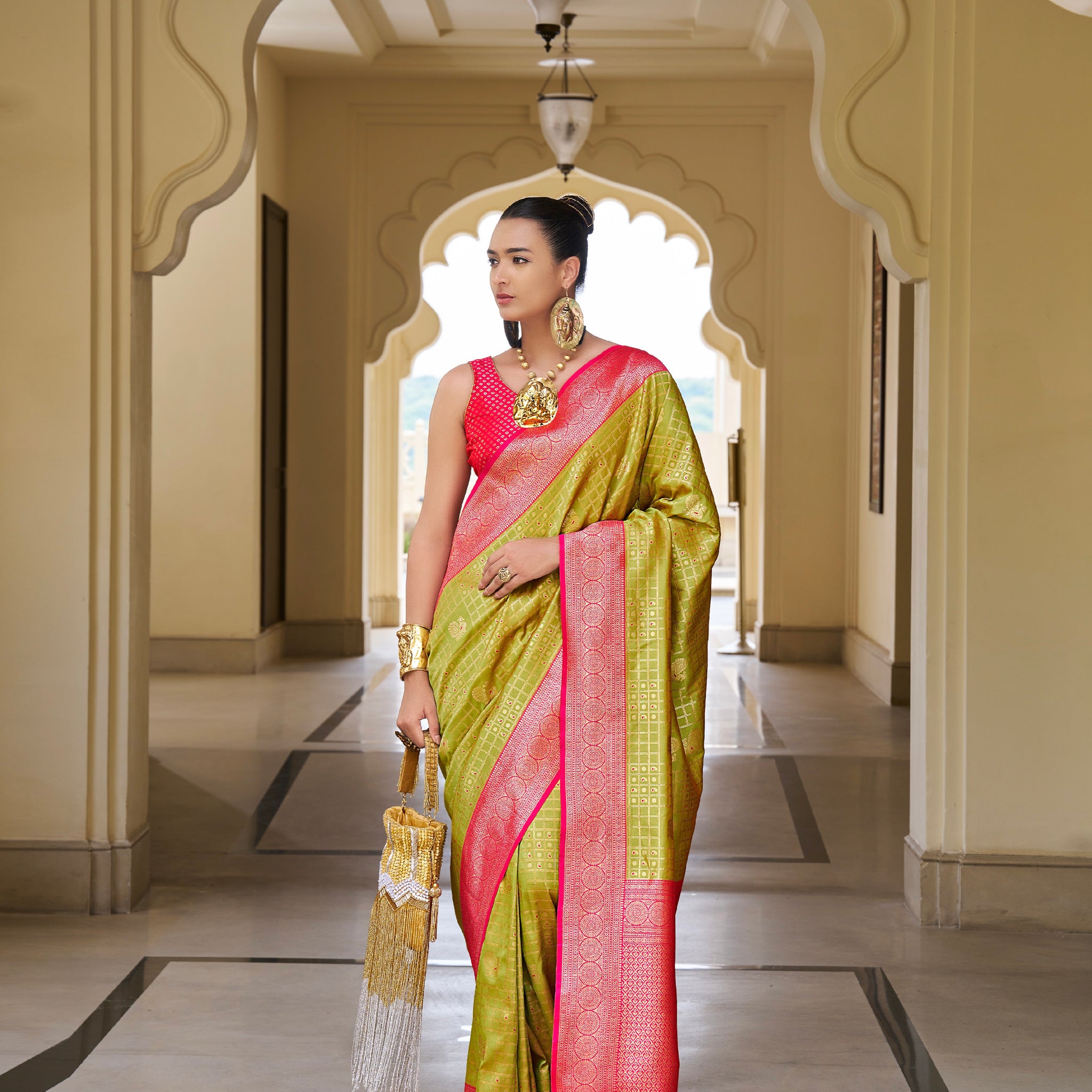 Green and Red Banarasi Silk Saree with Kanchipuram Weaving