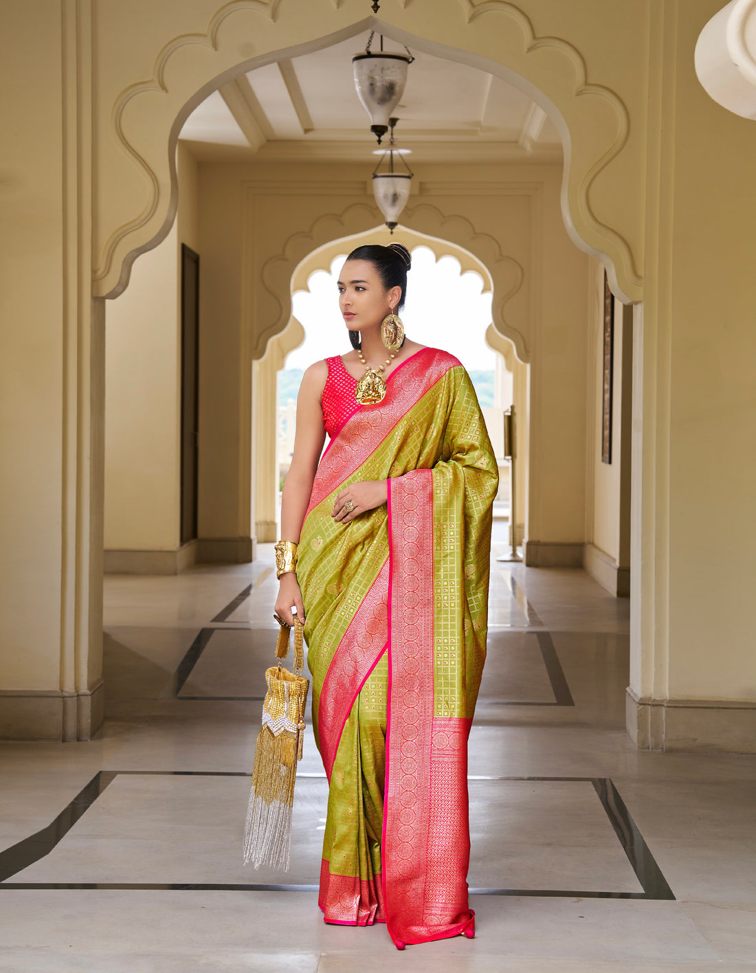 Green and Red Banarasi Silk Saree with Kanchipuram Weaving