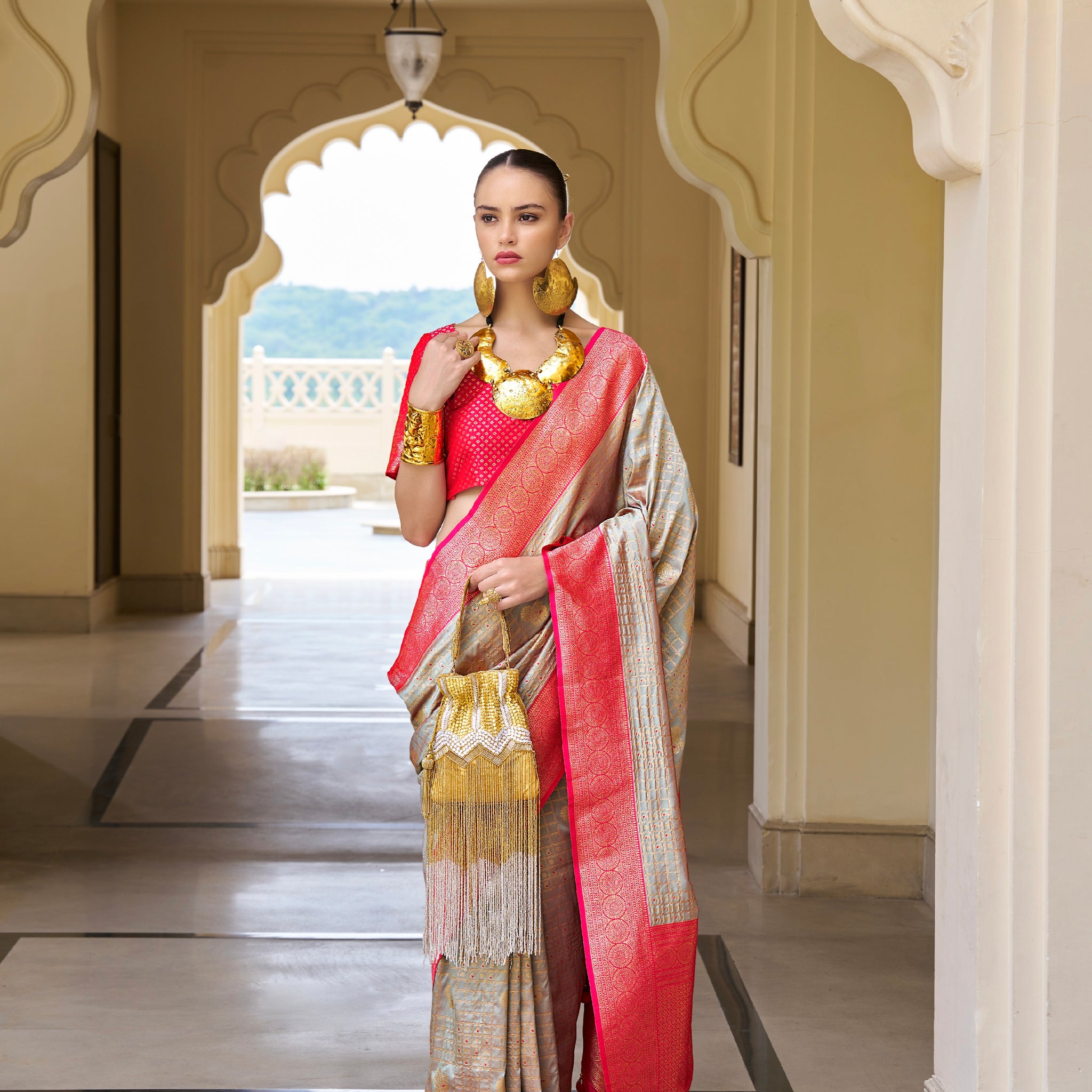 Beige and Pink Banarasi Silk Saree with Kanchipuram Weaving