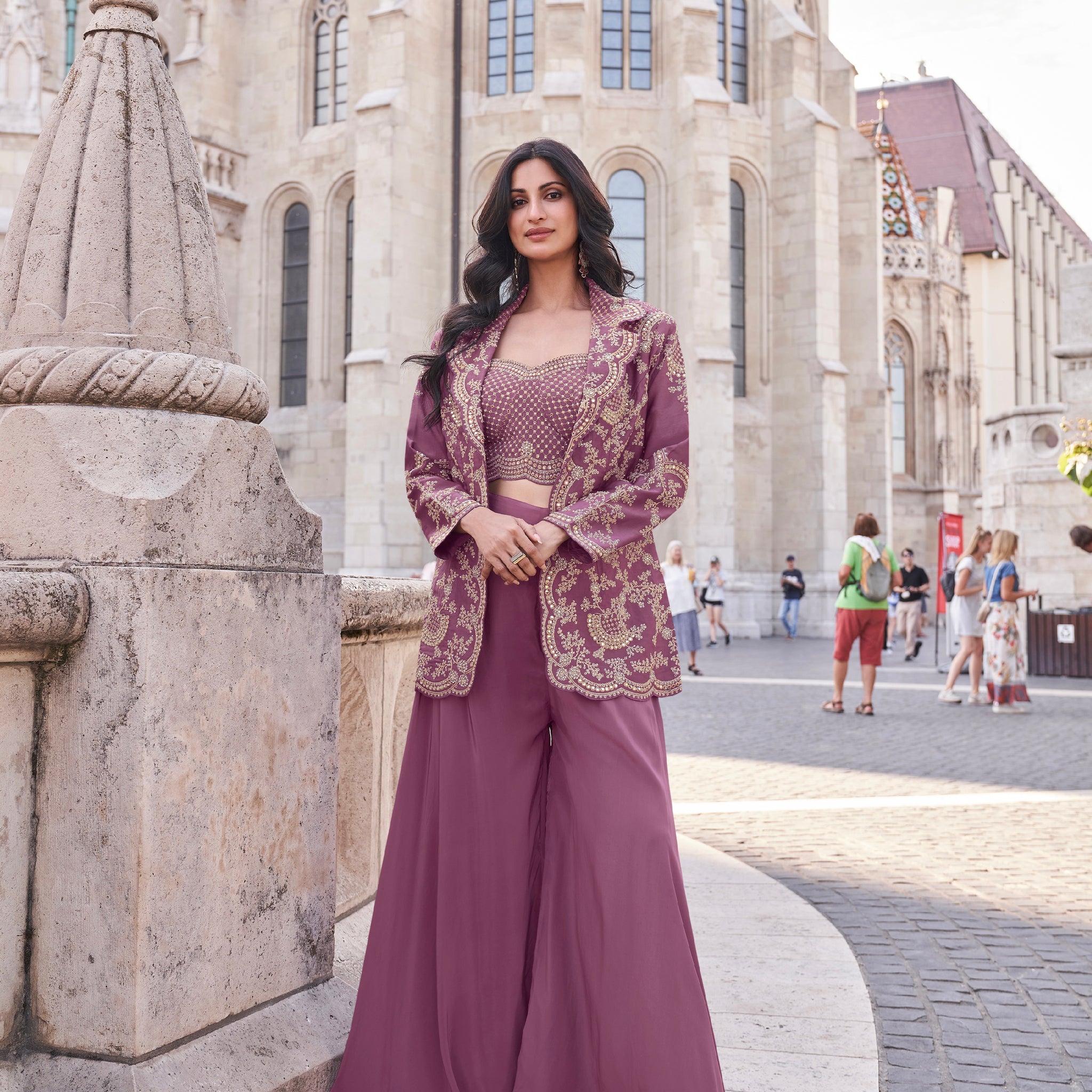 Wine Mauve Embroidered Premium Silk Co-Ord Set with Jacket