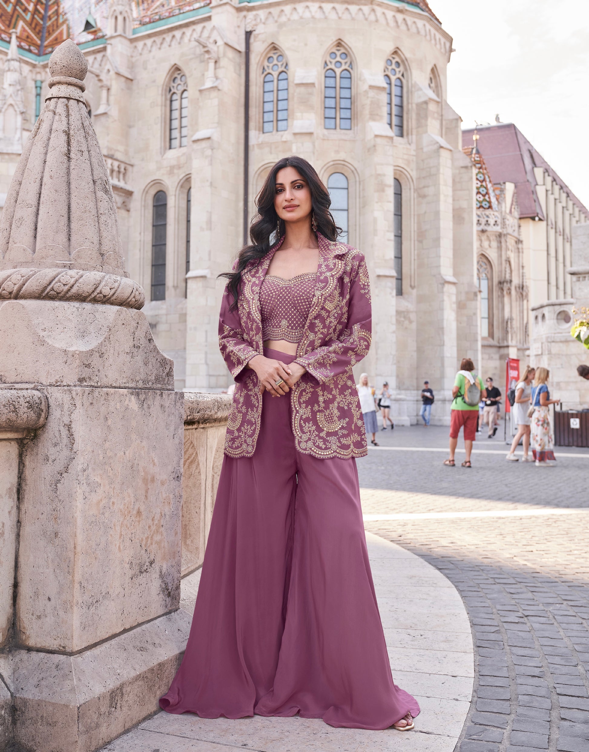 Wine Mauve Embroidered Premium Silk Co-Ord Set with Jacket