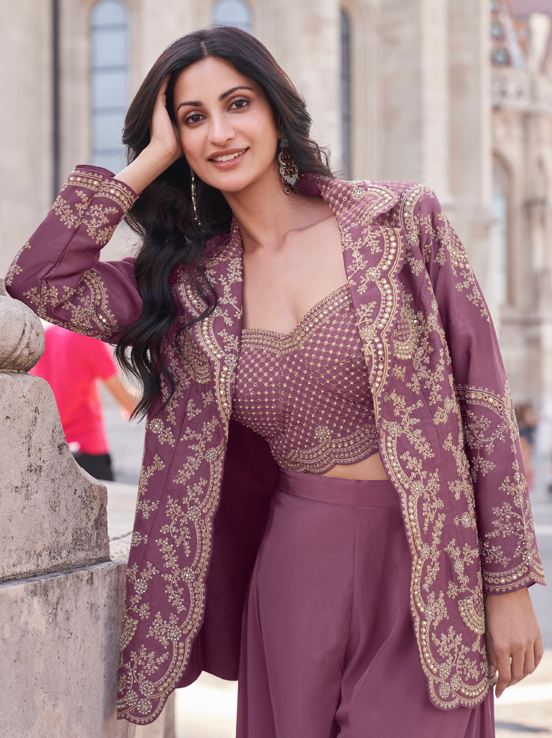 Wine Mauve Embroidered Premium Silk Co-Ord Set with Jacket