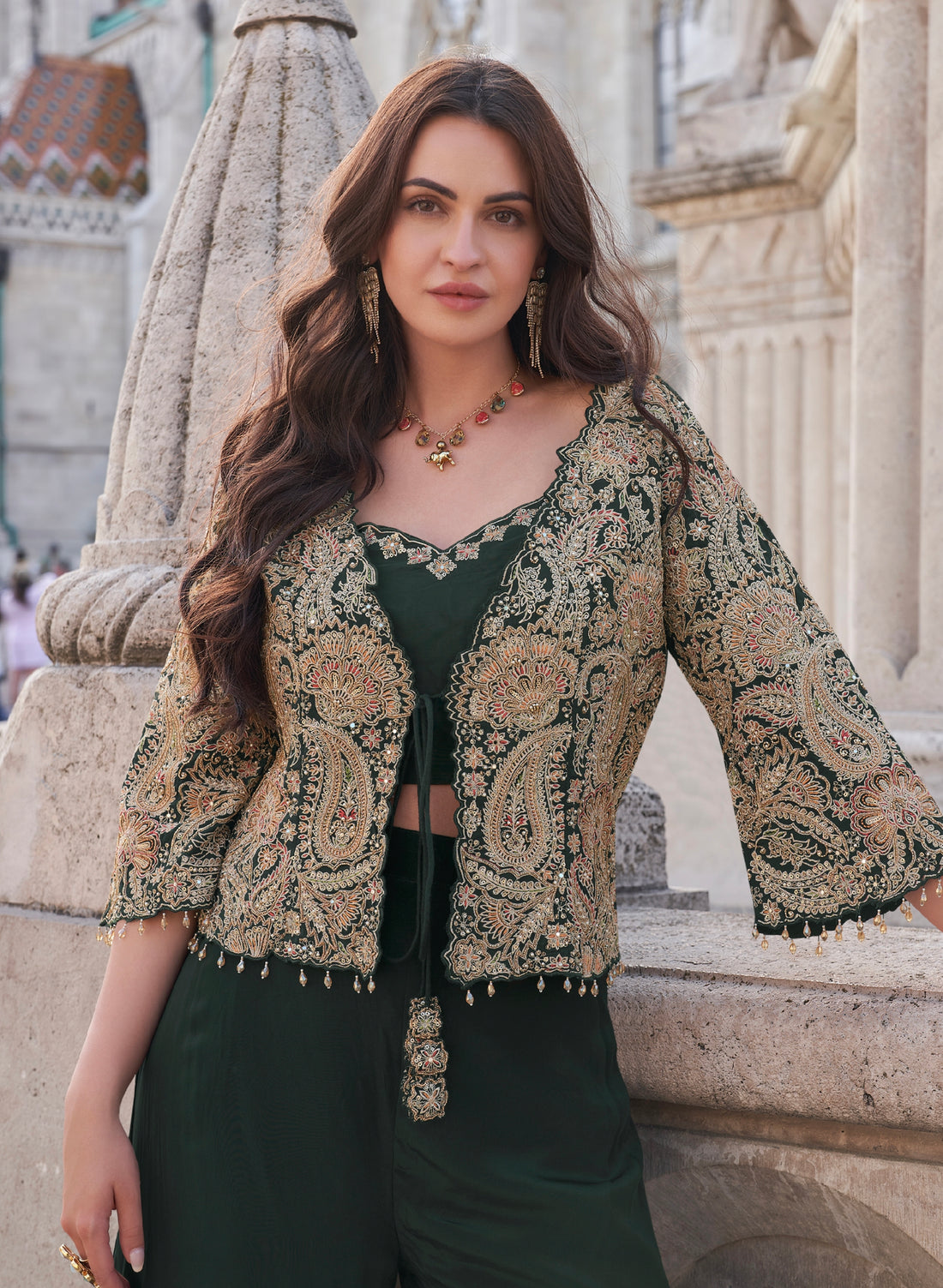 Emerald Green Premium Silk Embroidered Co-Ord Set with Jacket