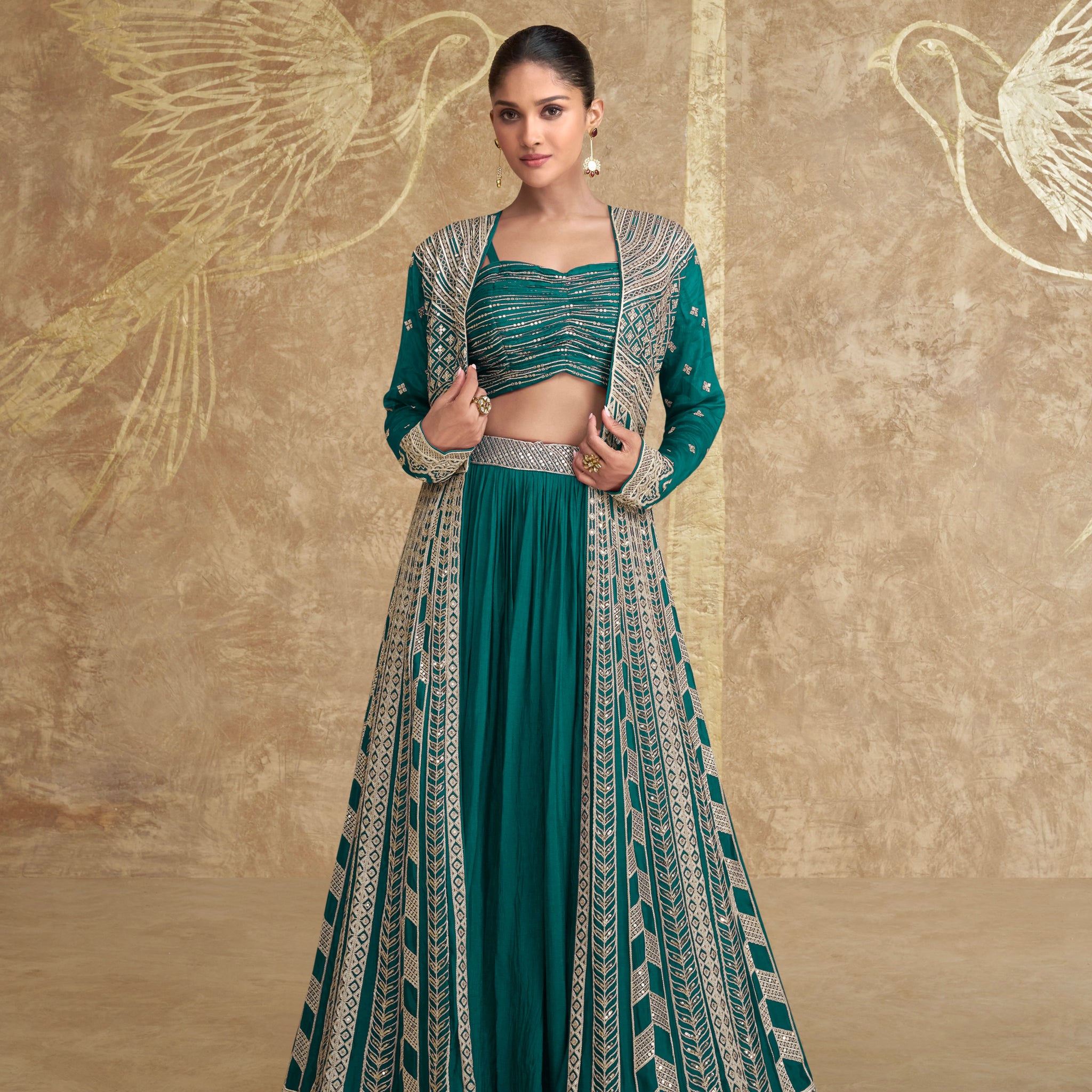 Teal Green Premium Chinon Silk Embroidered Gown