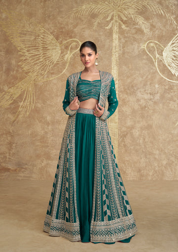 Teal Green Premium Chinon Silk Embroidered Gown