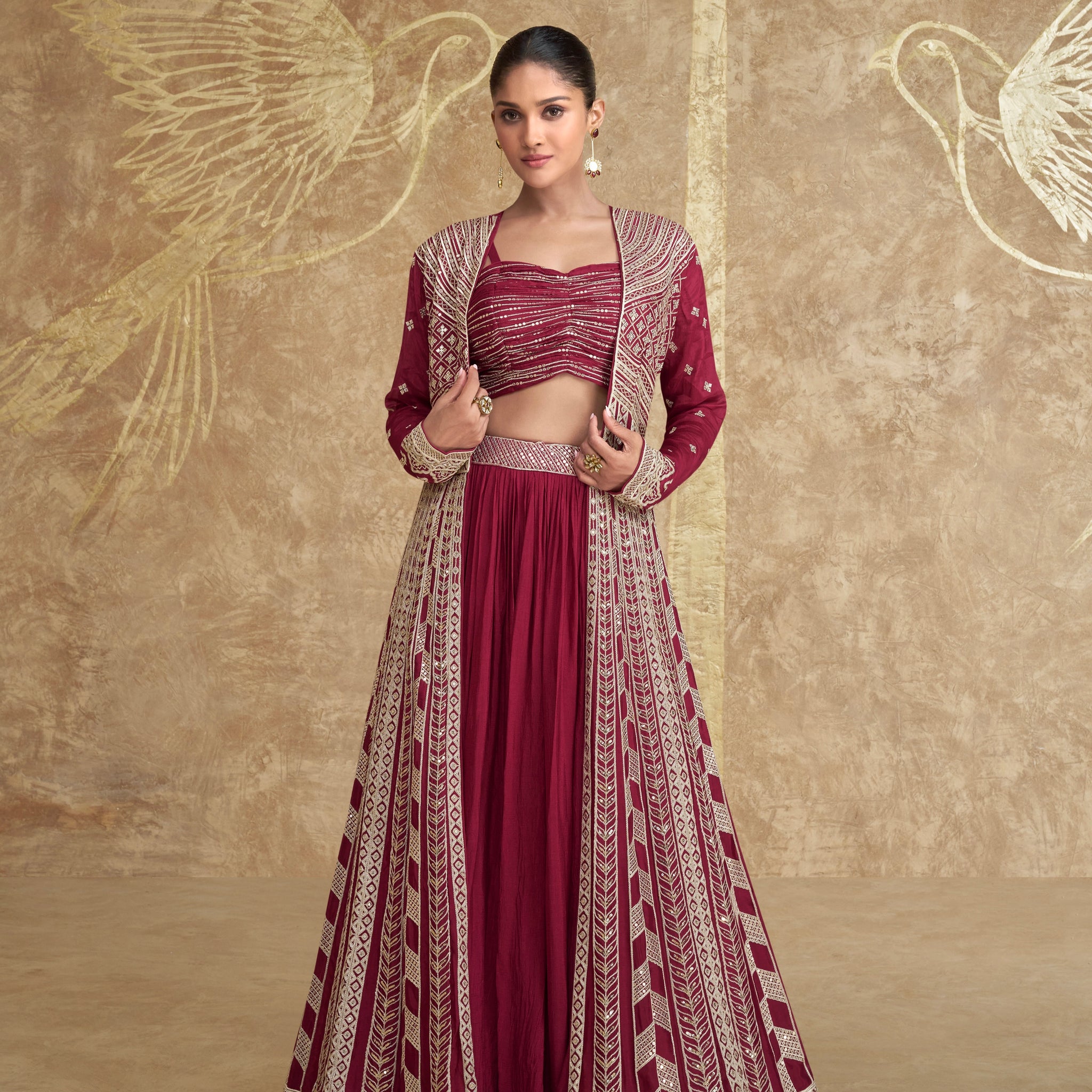 Maroon Premium Chinon Silk Embroidered Gown