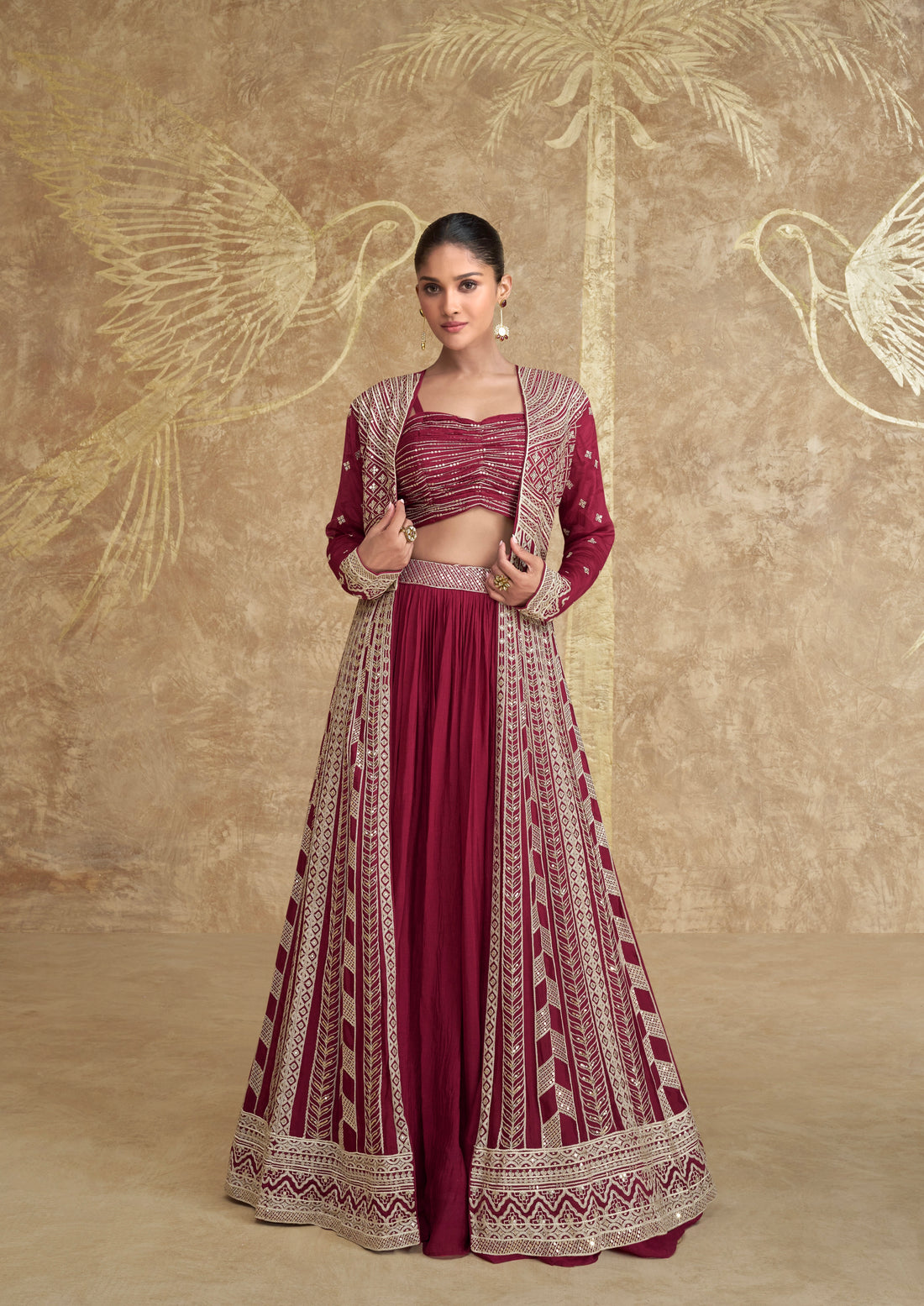 Maroon Premium Chinon Silk Embroidered Gown