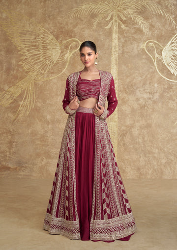 Maroon Premium Chinon Silk Embroidered Gown