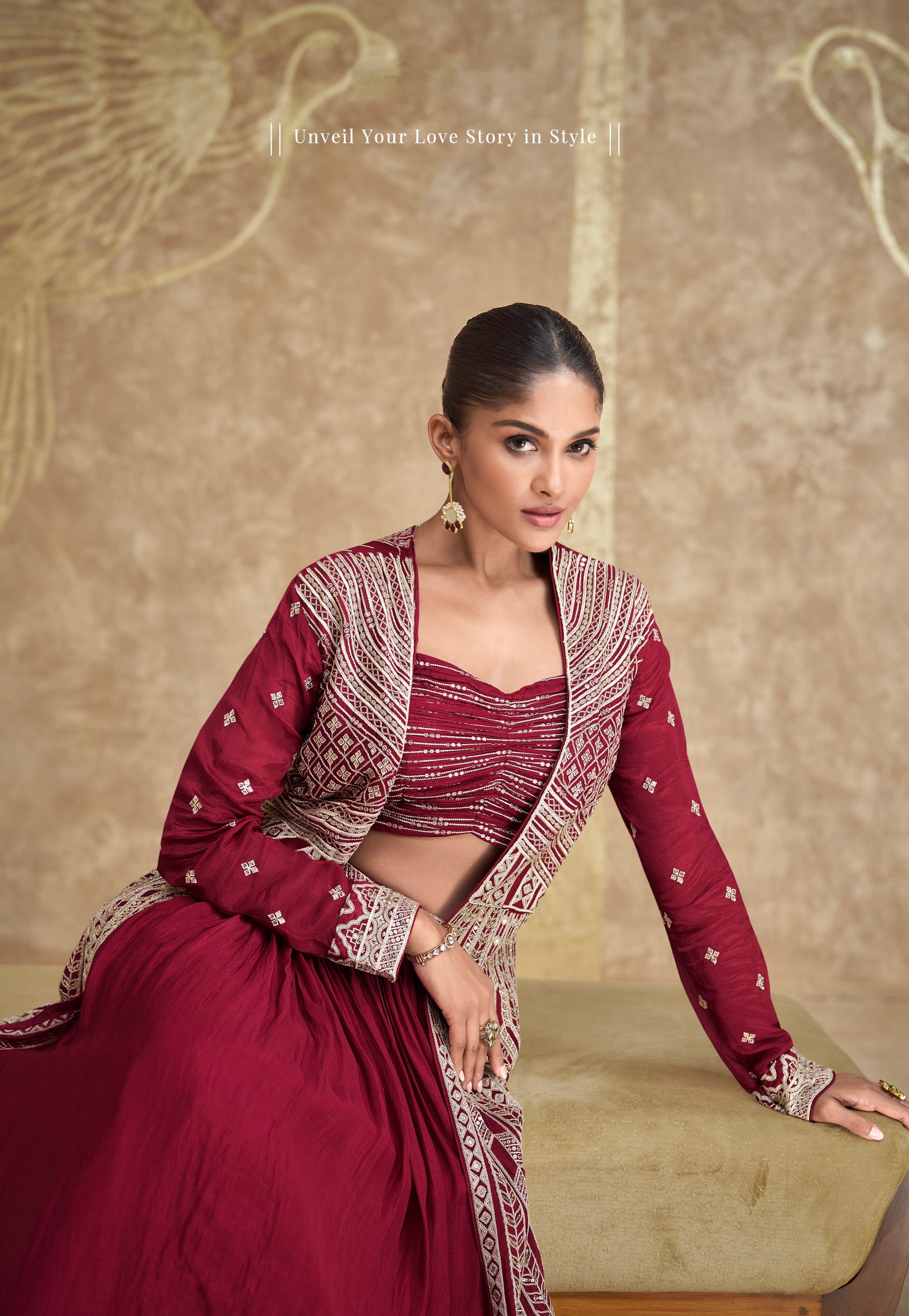 Maroon Premium Chinon Silk Embroidered Gown