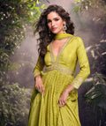 Lime Green Viscose Jacquard Silk Anarkali with Embroidered Net Dupatta