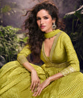 Lime Green Viscose Jacquard Silk Anarkali with Embroidered Net Dupatta