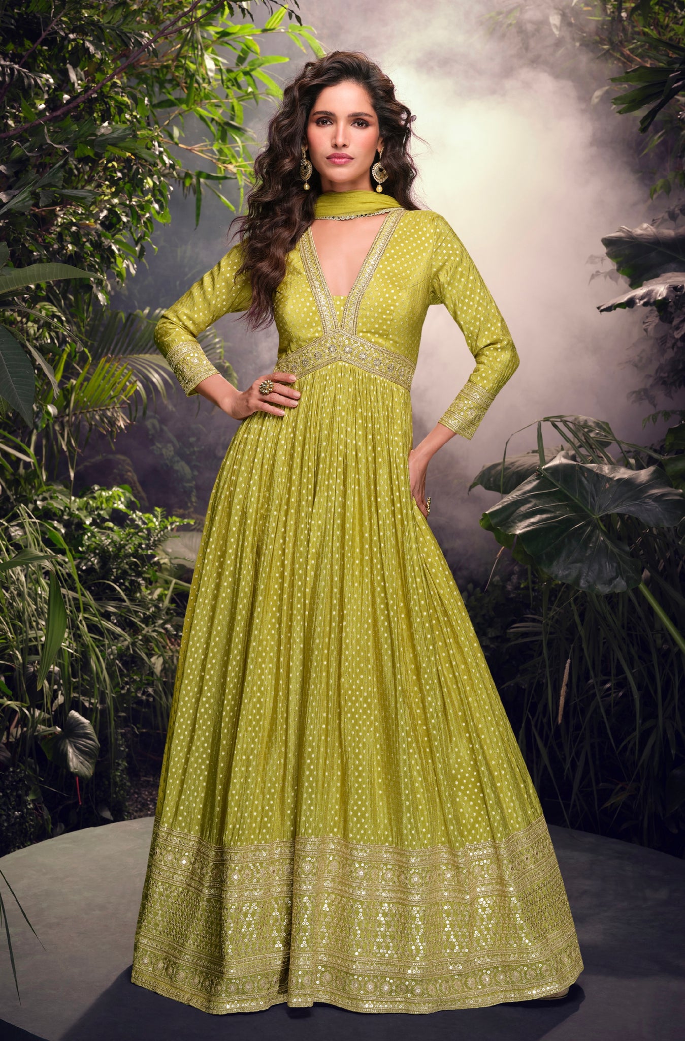 Lime Green Viscose Jacquard Silk Anarkali with Embroidered Net Dupatta