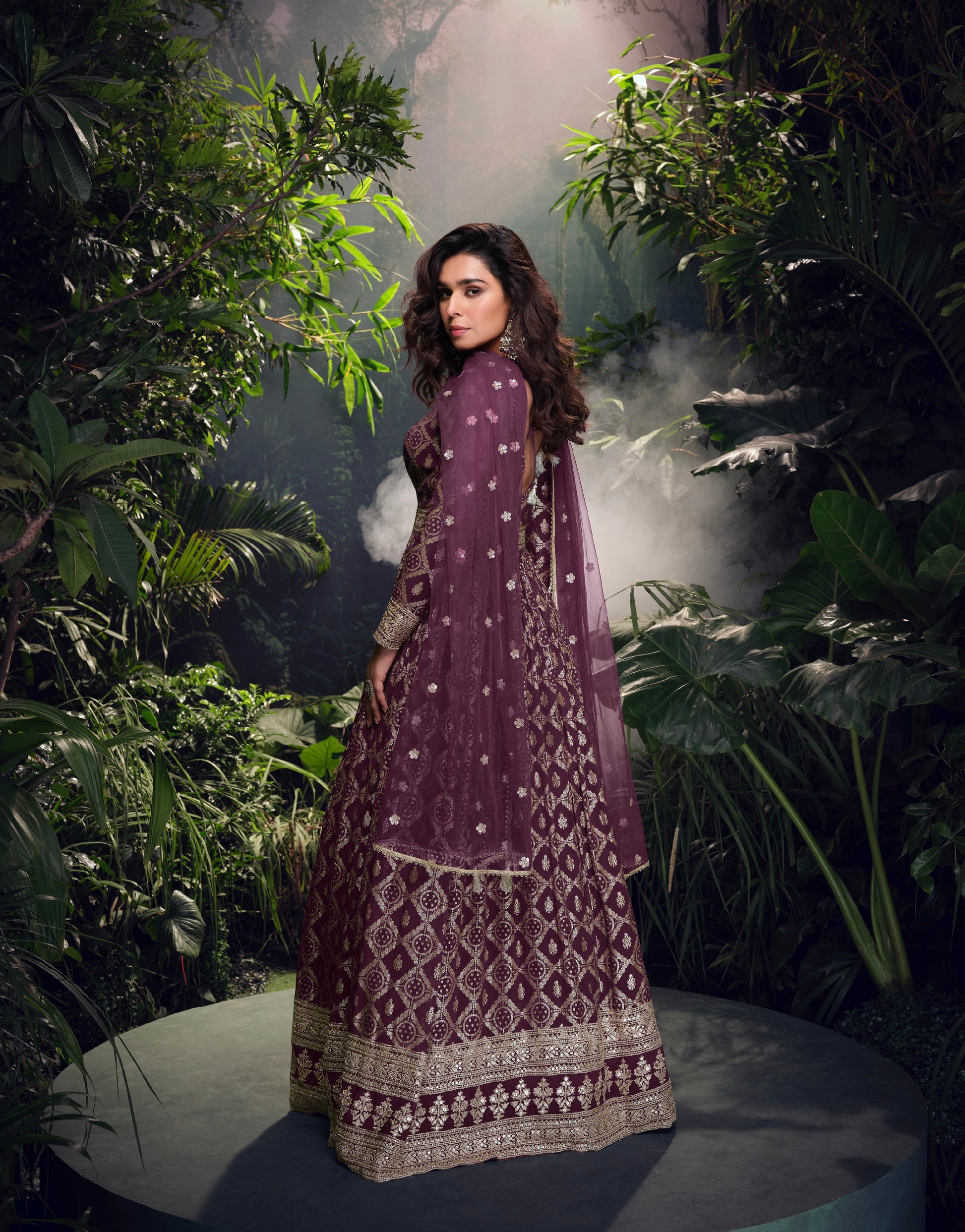 Wine Purple Viscose Jacquard Silk Anarkali & Embroidered Net Dupatta