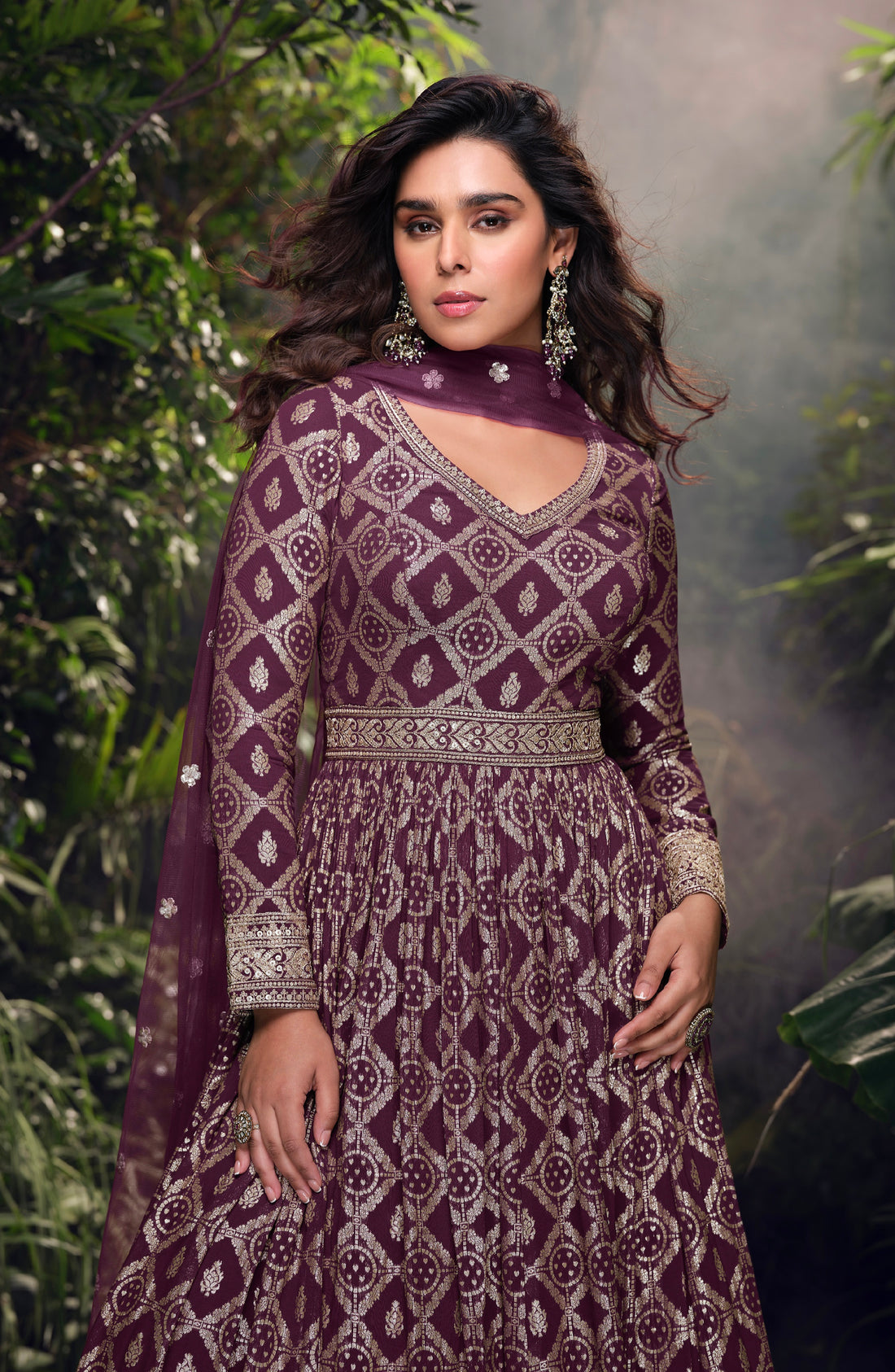 Wine Purple Viscose Jacquard Silk Anarkali & Embroidered Net Dupatta