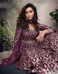 Wine Purple Viscose Jacquard Silk Anarkali & Embroidered Net Dupatta