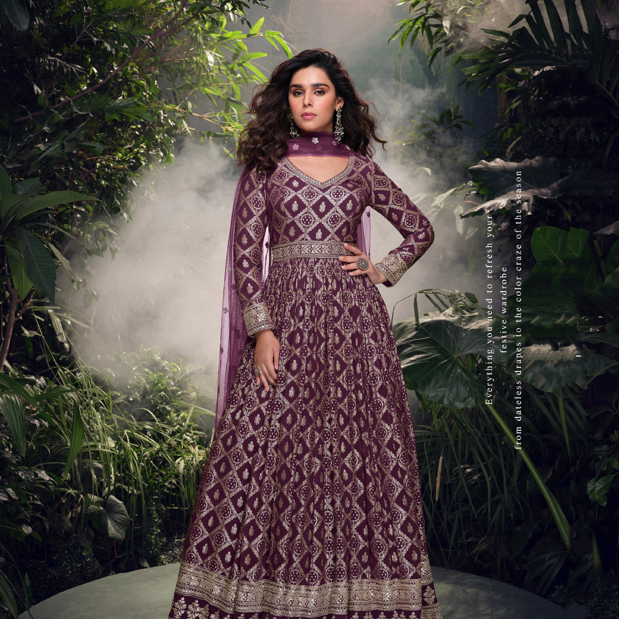 Wine Purple Viscose Jacquard Silk Anarkali & Embroidered Net Dupatta