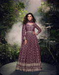 Wine Purple Viscose Jacquard Silk Anarkali & Embroidered Net Dupatta