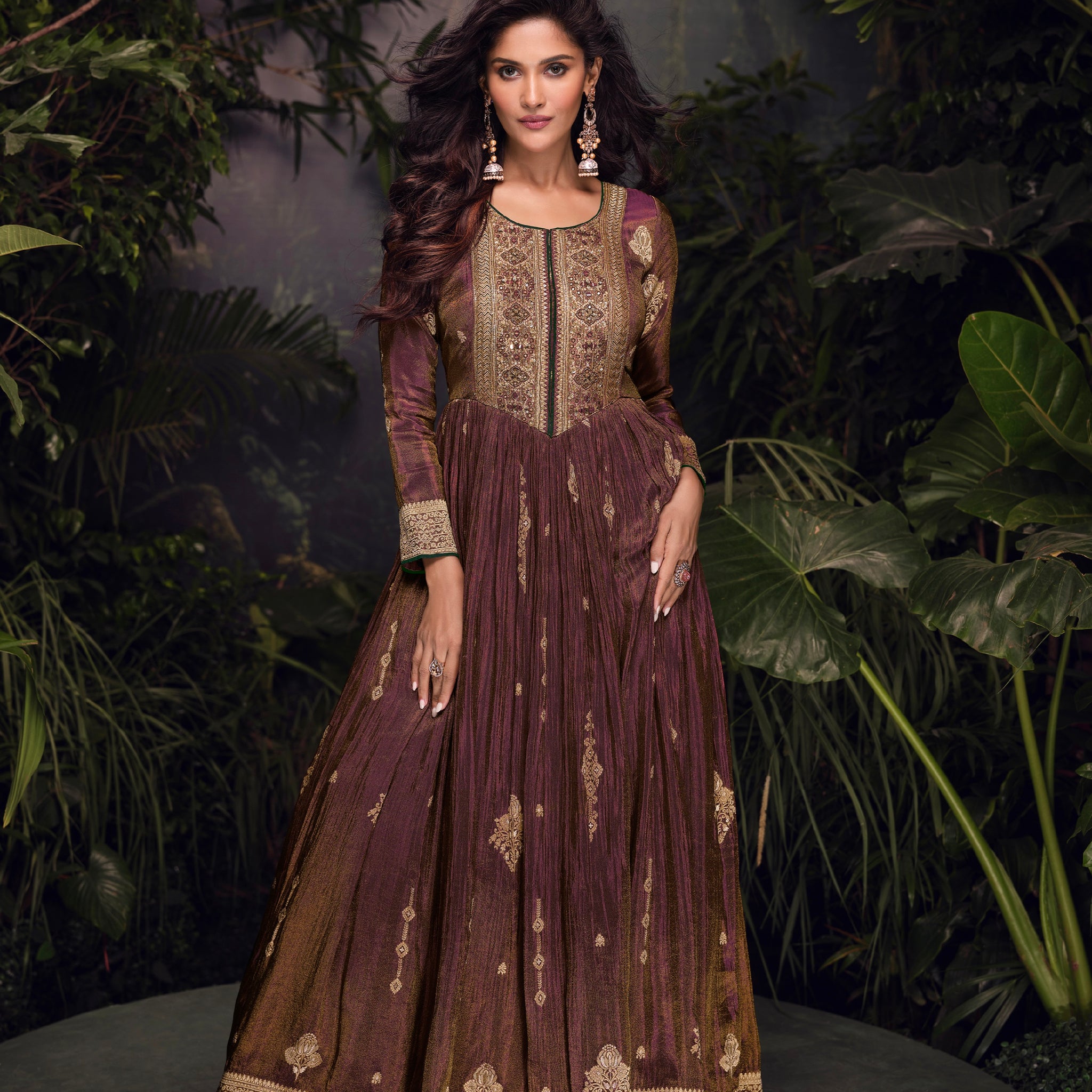 Brown Viscose Jacquard Silk Anarkali with Embroidered Net Dupatta