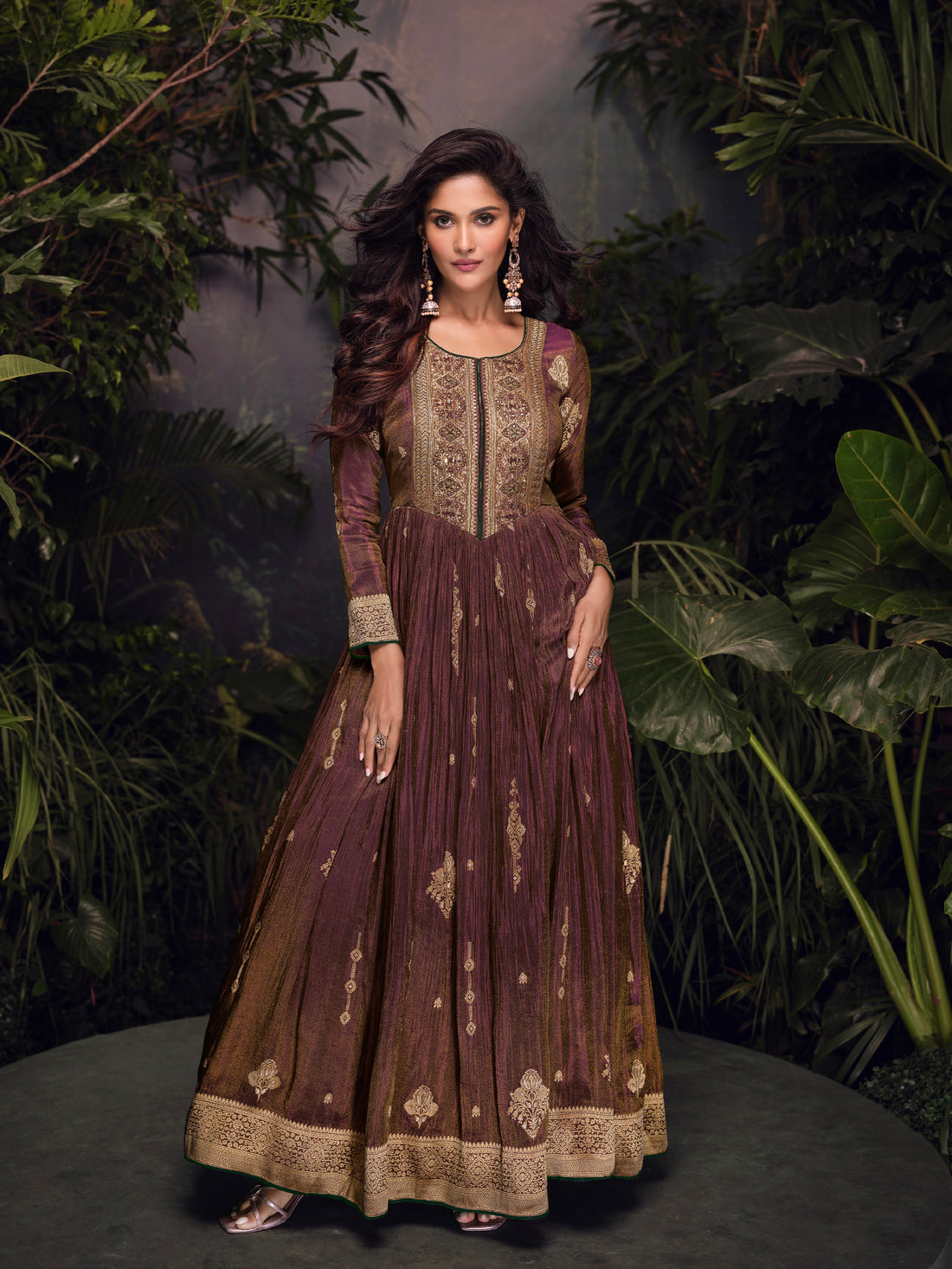 Brown Viscose Jacquard Silk Anarkali with Embroidered Net Dupatta