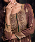 Brown Viscose Jacquard Silk Anarkali with Embroidered Net Dupatta